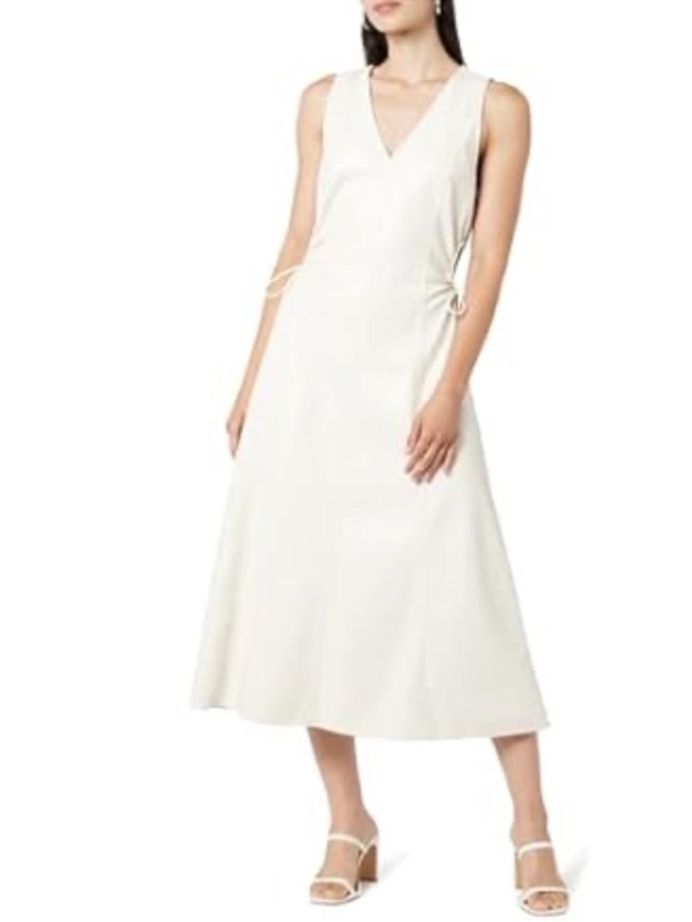 V-Neck Sleeveless Midi Dress in Cream with Side Ties